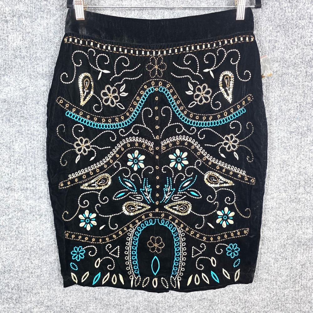 Venus Black Velvet Skirt 12 Beaded Embroidered Sequin Pencil Boho Paisley Luxe